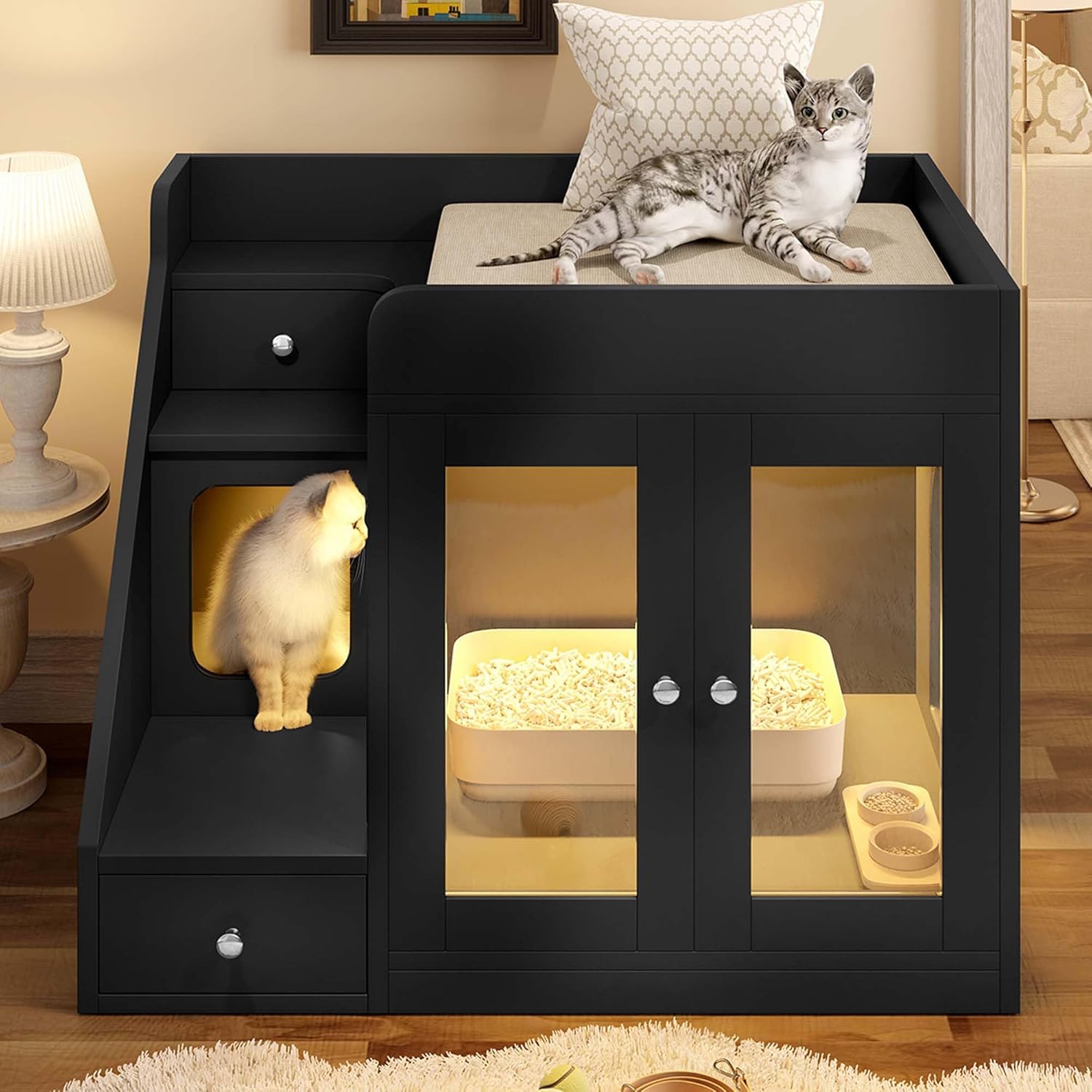 32.6" Cat Litter Box Furniture with LED, Hidden Litter Box Furniture with Storage, Enclosed Wood Cat House with Stairs & Doors, Farmhouse, Suitable for Living Room Bedroom (Black)