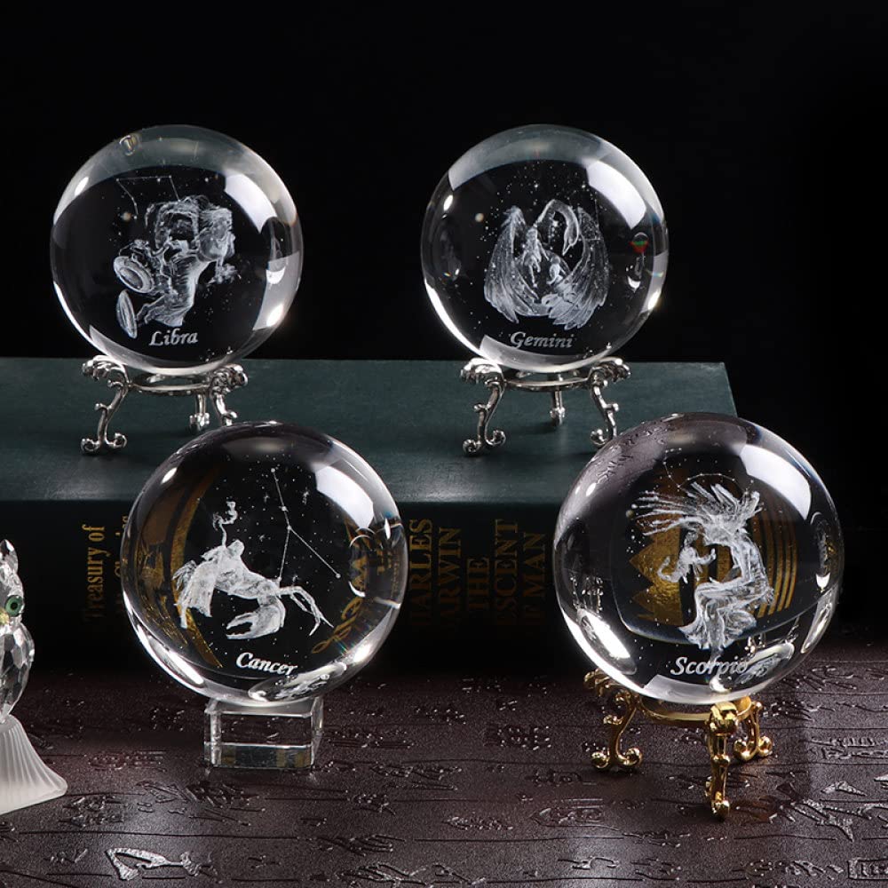 3D gemini konstelacje zodiaku kryształowa kula grawerowane dekoracje do domu znaki zodiaku kula horoskop szklana kula, ze srebrną podstawą, kulka 8 cm