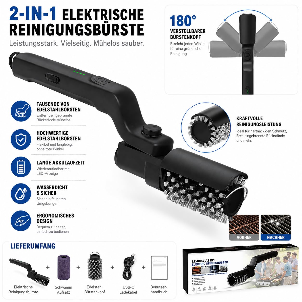 BBQBRUSH Spazzola Elettrica Rotante per Barbecue, Setole in Acciaio Inox, per Griglie e Piastre, con Angolo Regolabile e Testine a Cambio Rapido