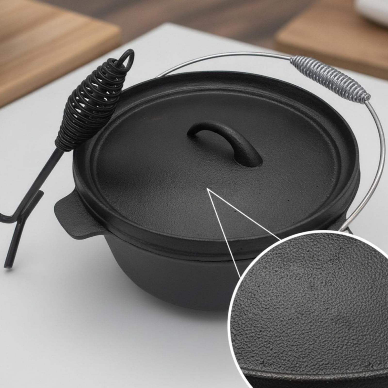 Colcolo Olla de Hierro Fundido Olla de Guiso Cazuela Caldero con Tapa y Asideros Laterales Incluye Gancho para Manipular la Tapa sin Recubrimiento Adecuada