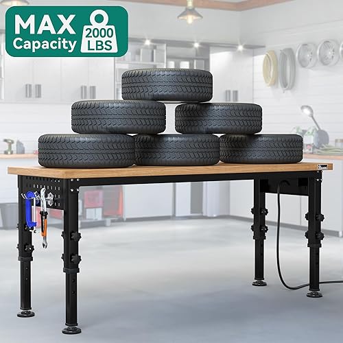 Miniatura 7 de YITAHOME Banco de trabajo ajustable de 48 pulgadas con banco de trabajo superior de madera para garaje con tablero de clavijas y tomas de corriente,