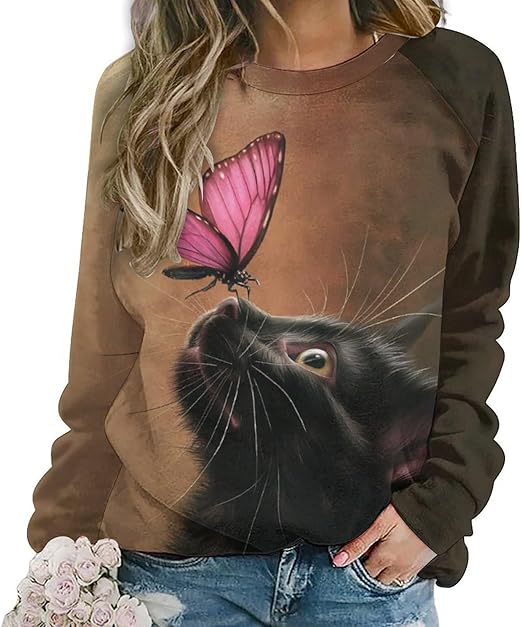 ZOCAVIA Cat Sweatshirts for Women Fall Fashion Casual Crewneck Pullover Tops Butterfly Floral Graphic Y2K Long Sleeve T Shirt