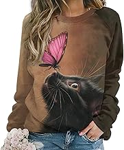 ZOCAVIA Cat Sweatshirts for Women Fall Fashion Casual Crewneck Pullover Tops Butterfly Floral Graphic Y2K Long Sleeve T Shirt