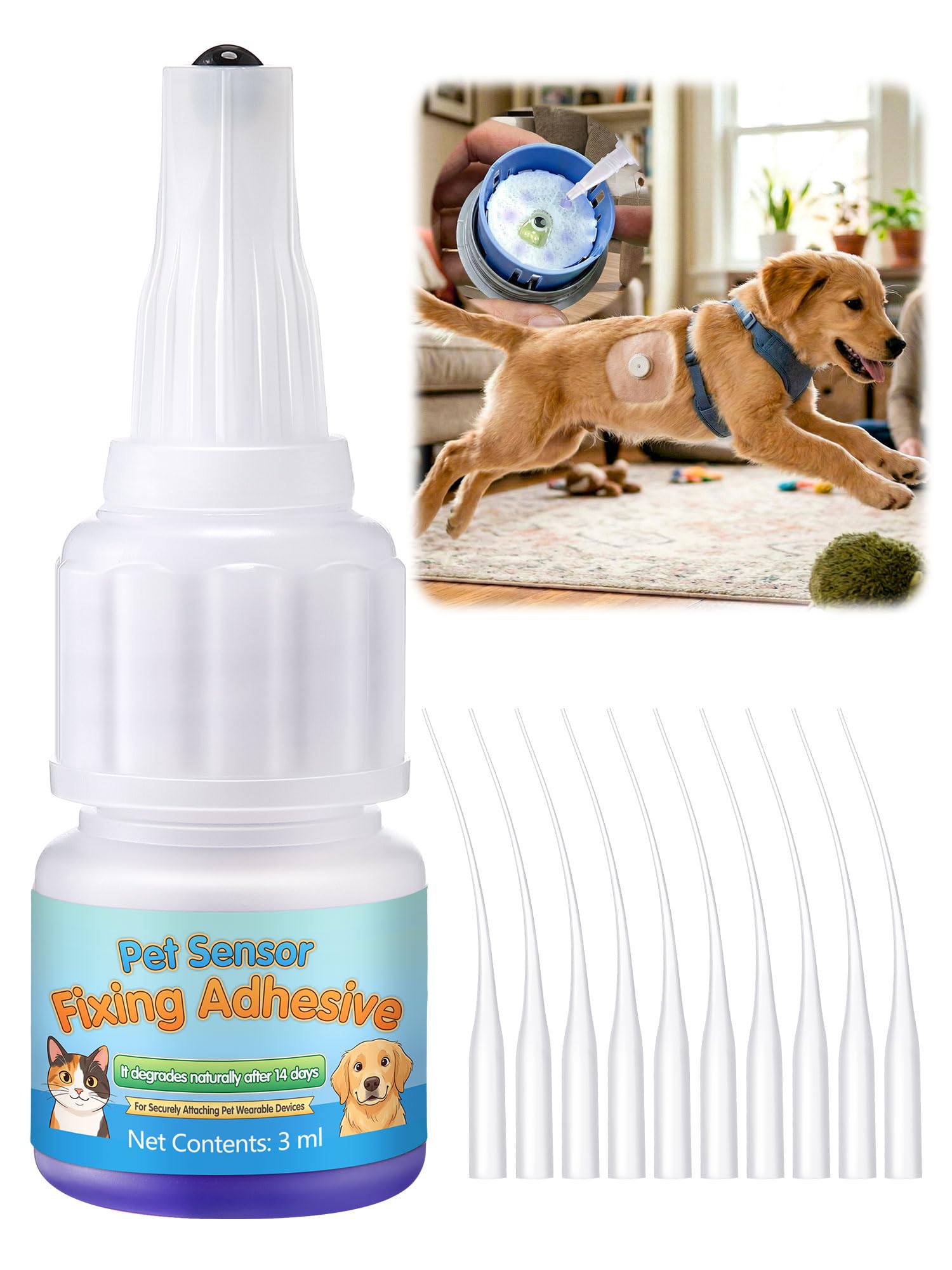 3ml Veterinary Surgical Skin Glue with 10 Applicators, Fast Acting Wound Tissue Glue Sealant, CGM Sensor Adhesive for Pet with Blue Tint for Precise Application, Stay Secure for 10-14 Days