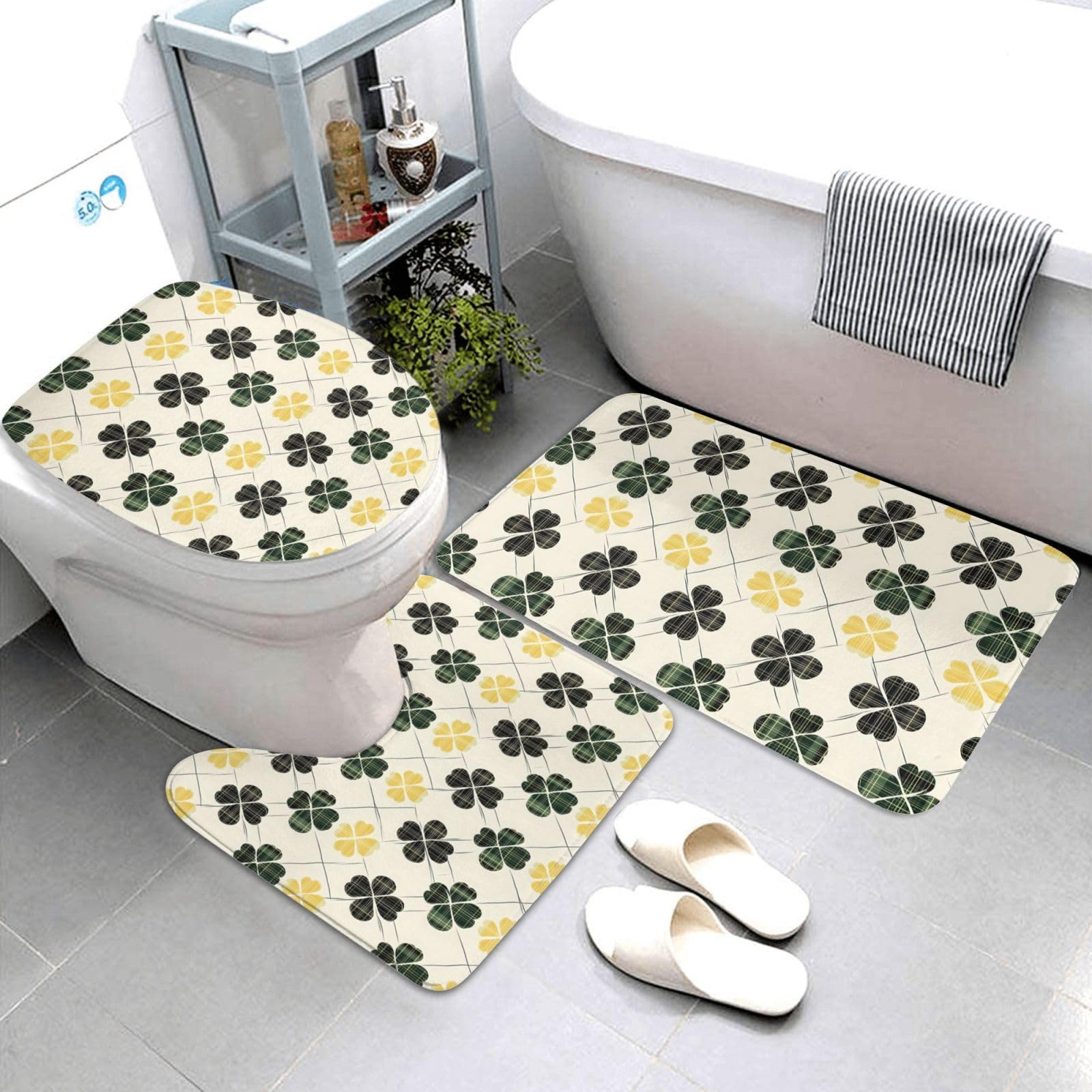 Tapis de salle de bain lot de 3 avec motif plantes vertes lavable et antidérapant