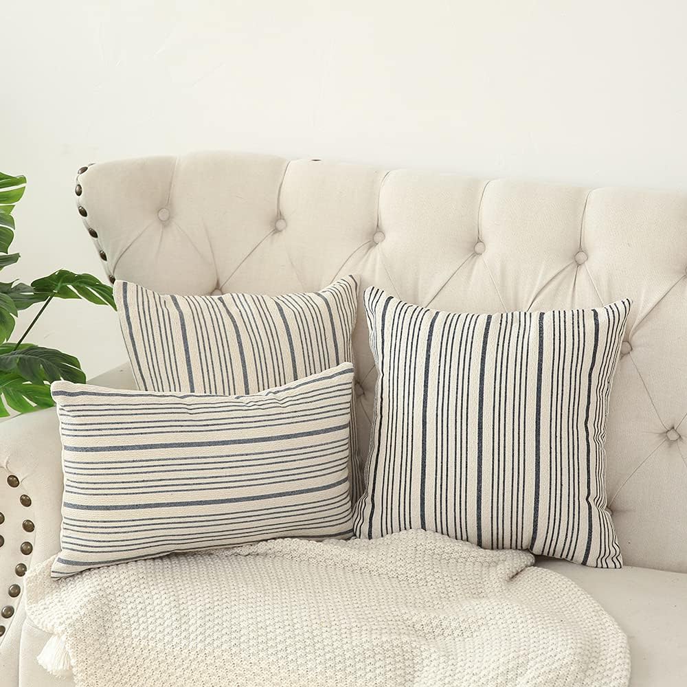 Kiuree Grey and Cream Farmhouse Throw Pillow Covers 18 x 18, Modern Accent Square Decorative Pillow Case, Set of 2 Stripes Textured Linen Throw Pillow Case for Sofa Couch Chair Bedroom(Grey): Home & Kitchen