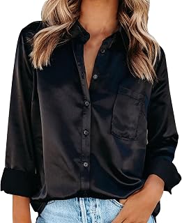 Silunma2021 Women's Solid Color Button Satin Shirts Plus Size Elegant Long Sleeves Shirts Work Breathable Blouse Top
