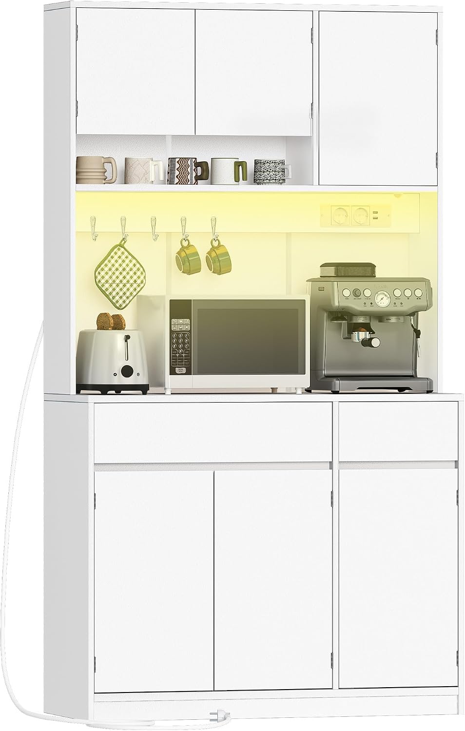 Hzuaneri Alacena de Cocina, 180 cm Aparador Comedor, aparador Cocina con regleta y Tira de Luces LED, encimera y 2 cajones, estantes Regulables,área culinaria, salón, Blanco PT00203XEU