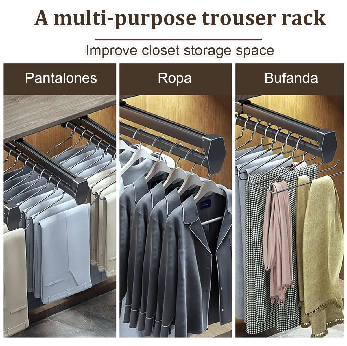 Pantalonero Extraible Para Armario, Porta Pantalones Extraible, Pantalonero Telescópico, Material De Aleación De Aluminio, Fácil De Instalar, Para Armario Para Ahorrar Espacio Y Almacenamiento(White,5