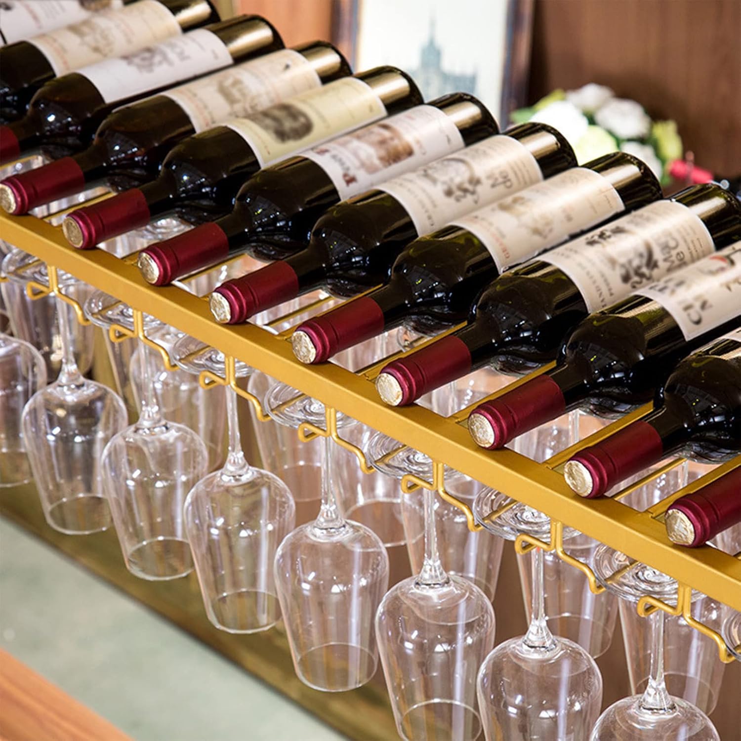 Adjustable Hanging Wine Rack - Ceiling-Mounted Wine Bottle and Glass Holder, Perfect for Bars, Cafés, and Kitchens - Elegant Gold Finish