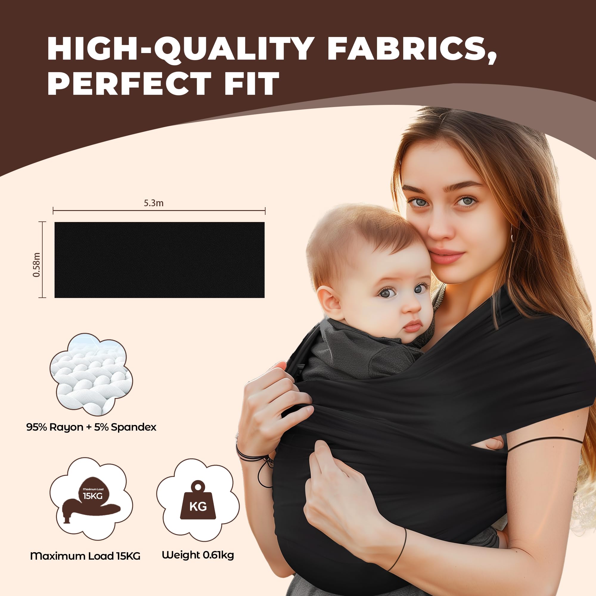 Chustonos do Noszenia Dzieci, Bawełniana i Oddychająca Chusta do Noszenia Niemowląt, Maksymalne Obciążenie 15 kg, Wymiary 5,3 m × 0,58 m, Ergonomiczny Design (Czarny)