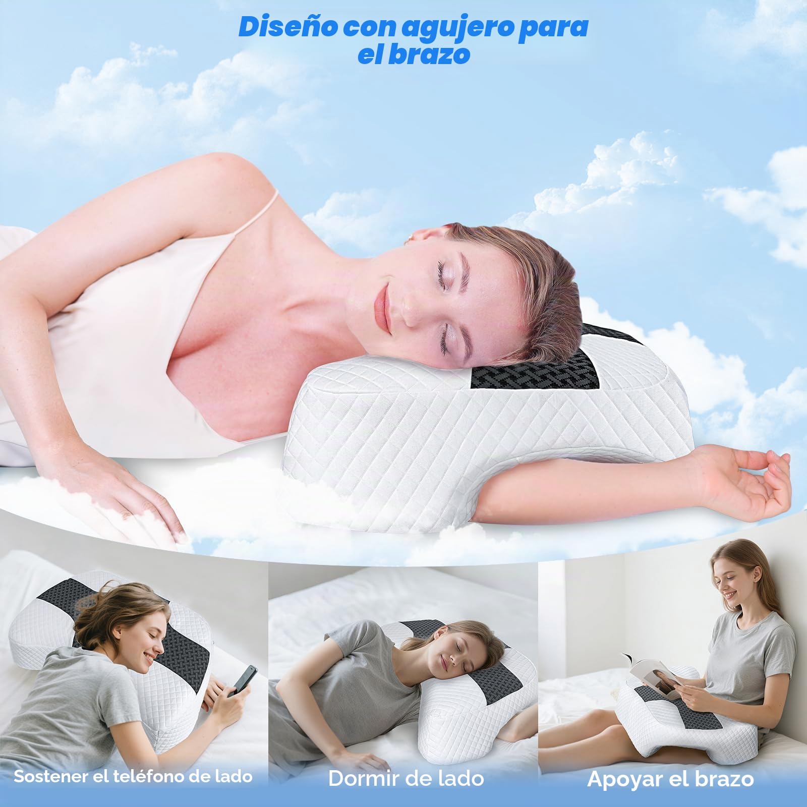 SAHEYER Almohada Brazos Espuma Viscoelástica, Almohada Cervical Multiangular para Cuello y Hombros, Almohada para Dormir de Lado, Boca Arriba y Boca Abajo, Negro