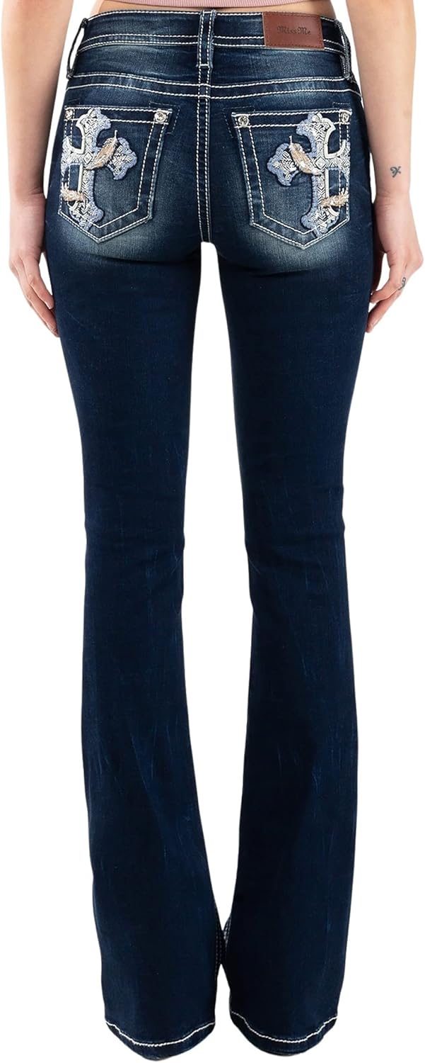 Miss Me Women's Mid-Rise Leafy Cross Embellished Boot Cut Jeans