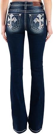 Miss Me Womens Mid-Rise Leafy Cross Embellished Boot Cut Jeans