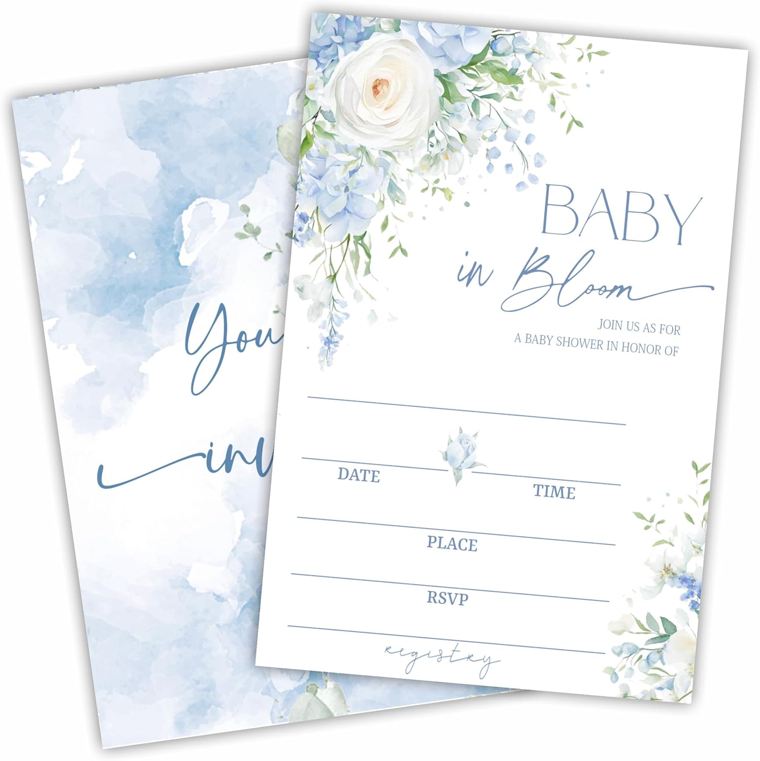 Baby in bloom invitation for a boy with blue floral design