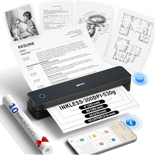 Inkless Portable Printer for Travel, Wireless Thermal Printer Supports 8.5 x 11" US Letter, A4, MT610Pro 300DPI Small Bluetooth Printers Compatible with iOS Android Laptop for Home Office Car, Black