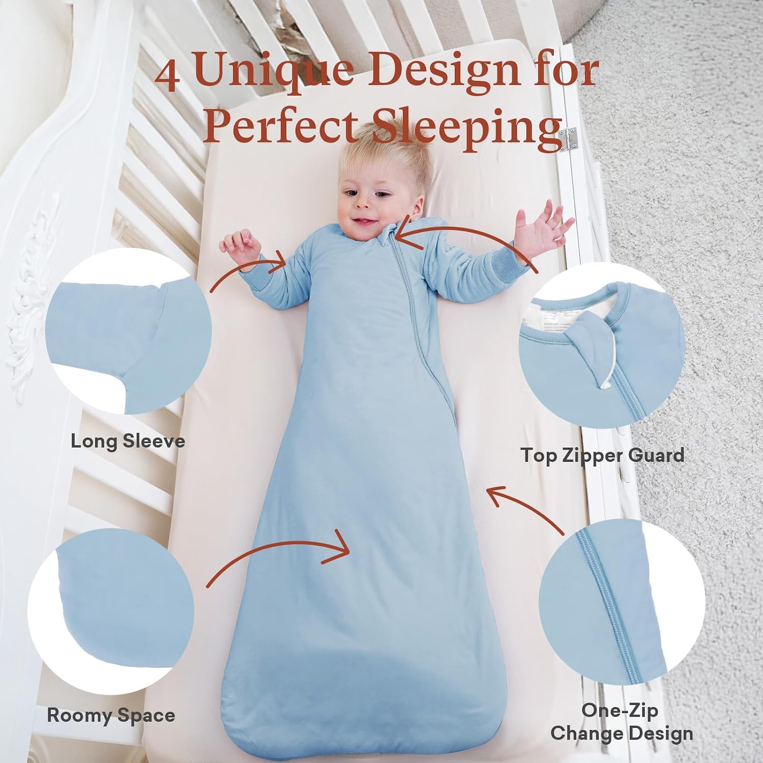 Long Sleeve Baby Sleep Sack 1.0 TOG, Soft Wearable Blanket for Toddlers, 2-Way Zipper Sleeping Sack, Roomy Fit, 3-36 Months