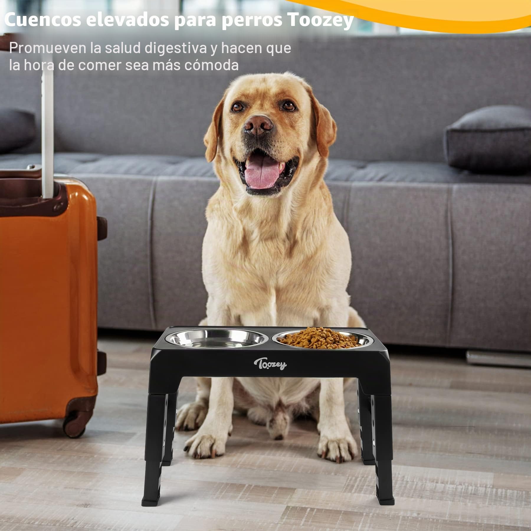 Toozey Comedero Elevado Perro con Tazones de Acero Inoxidable Dobles de 1,2 L de 4 Altura Ajustable para Alimentador de Agua y Comida para Mascotas y Gatos, Negro