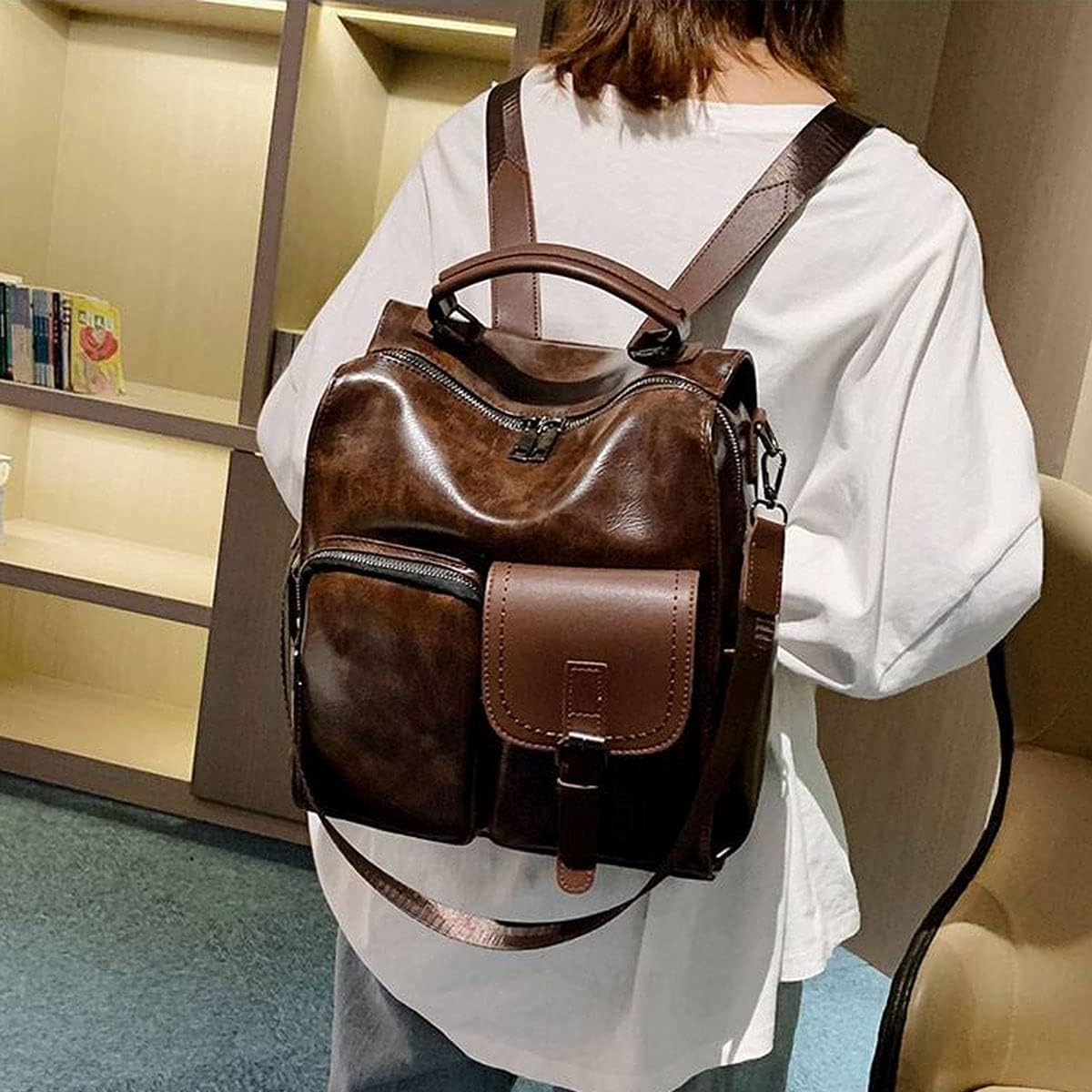XingChen Fashion Backpack Women Retro Shoulder Bag PU Leather Casual Bag Multifunctional Travel Bag(Brown)