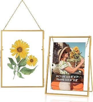 Gold Floating 5x7 Picture Frame Set of 2, Hanging Glass Pressed Flower Picture Frames, Gold Floating Frame for Wall Mounting or Tabletop Display