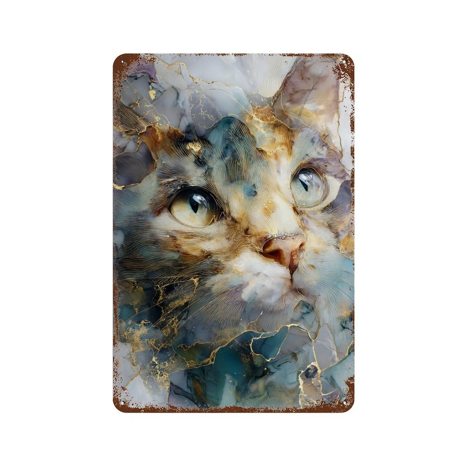 Abstract Cat Face Artwork 11.8"x7.9" Distressed Metal Wall Sign, Shabby Chic Decor for Shed, Workshop And Garage Wall Decor