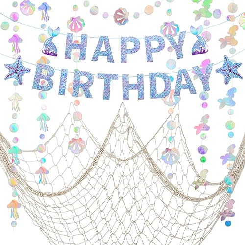 ZERODECO Decoraciones de fiesta de cumpleaños de sirena, guirnalda de sirena iridiscente, pancarta de feliz cumpleaños y red para cumpleaños