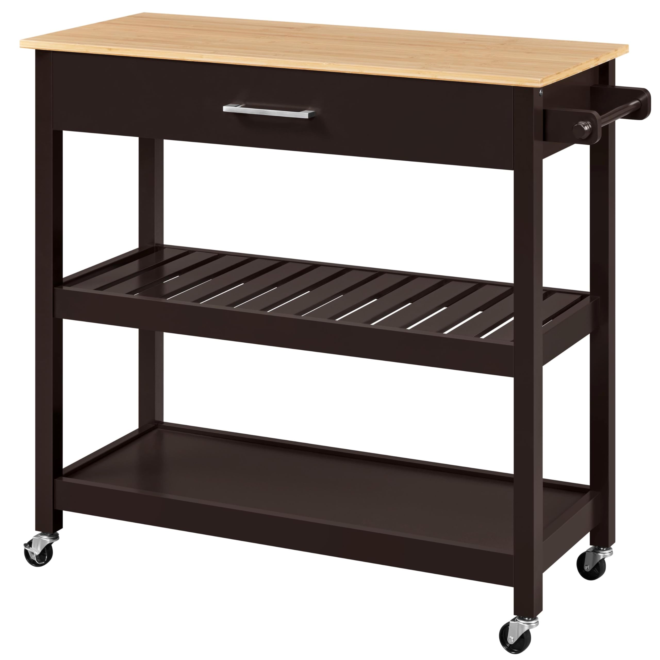 Yaheetech Kitchen Island Cart on Wheels with Bamboo Tabletop, 3-Tier Rolling Kitchen Island Microwave Cart with Drawer, Detachable Towel, 3 Hooks, 17" D x 37.5" W, Espresso
