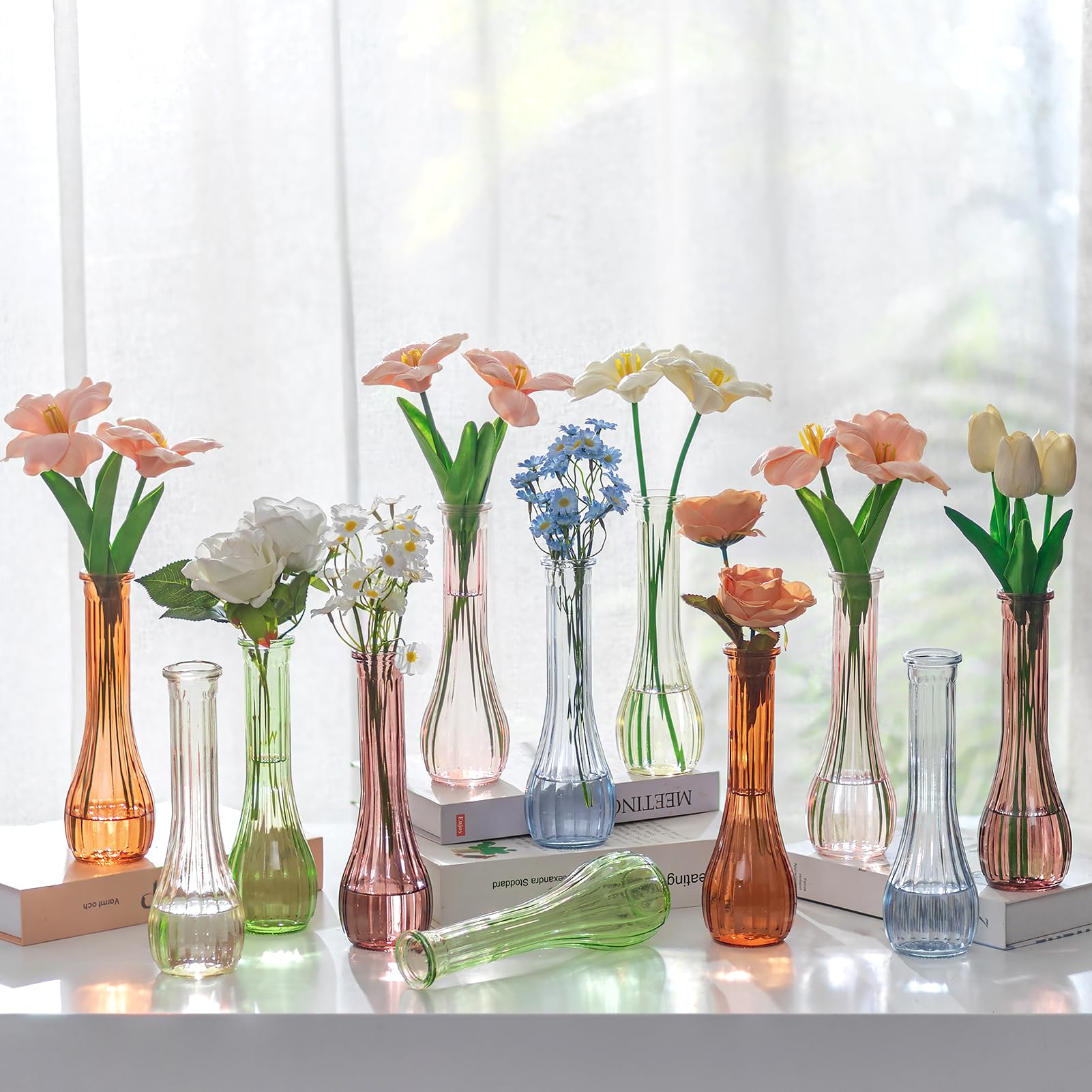 NUPTIO Small Glass Bud Vases: 21.7cm Tall Flower Vase for Wedding Centrepiece Decor - Coloured Decorative Ribbed Vase for Party Housewarming Home Room Table Decoration Set of 12