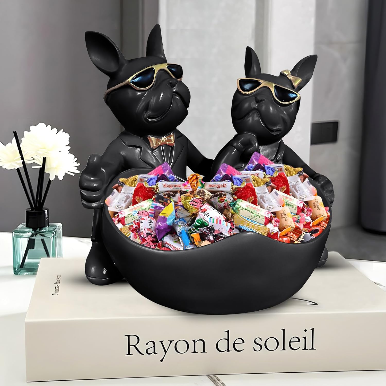Bulldog Candy Bowl Decor,Heart-shaped Key Holder Bowl Candy Dish, Bulldog Lovers Accessories, Resin Bulldog Statue for Office Desk Home Decor Figurines Entryway Table Decor(Black) - Image 5