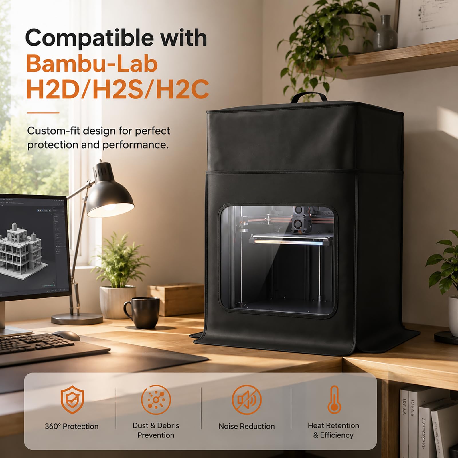 Upgrade copertura antipolvere per Bambu-Lab H2D: rivestimento nero rialzato, nastro adesivo antistatico e impermeabile, copertura trasparente per finestra per stampante 3D H2C/H2S