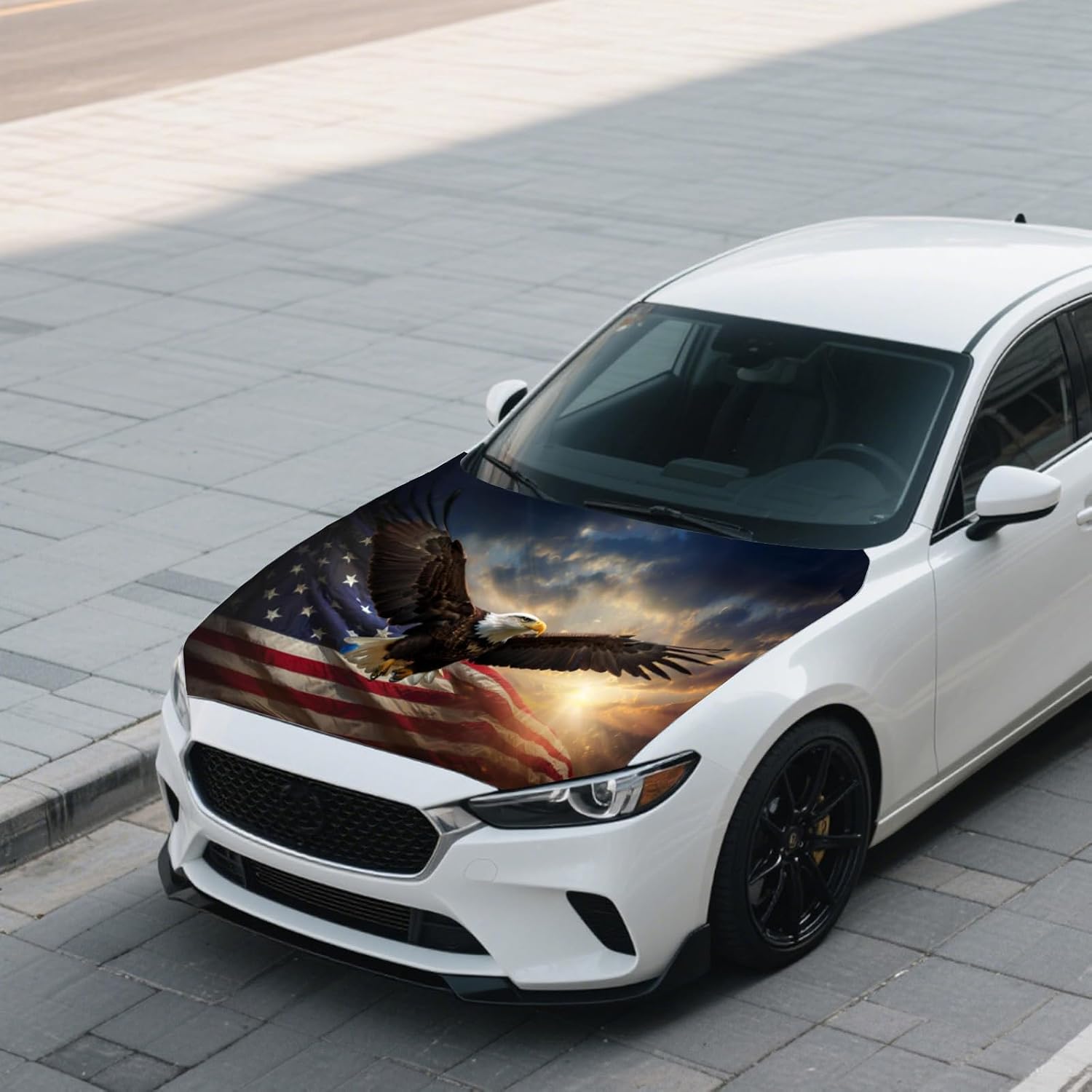 American Car Hood Cover - 59x51 in Car Hood Cover Eagle Flag Bonnet Banner with 2 Adjustable Triangular Fasteners, Universal Fit for Trucks, SUV, Patriotic America Flag Cars Decor