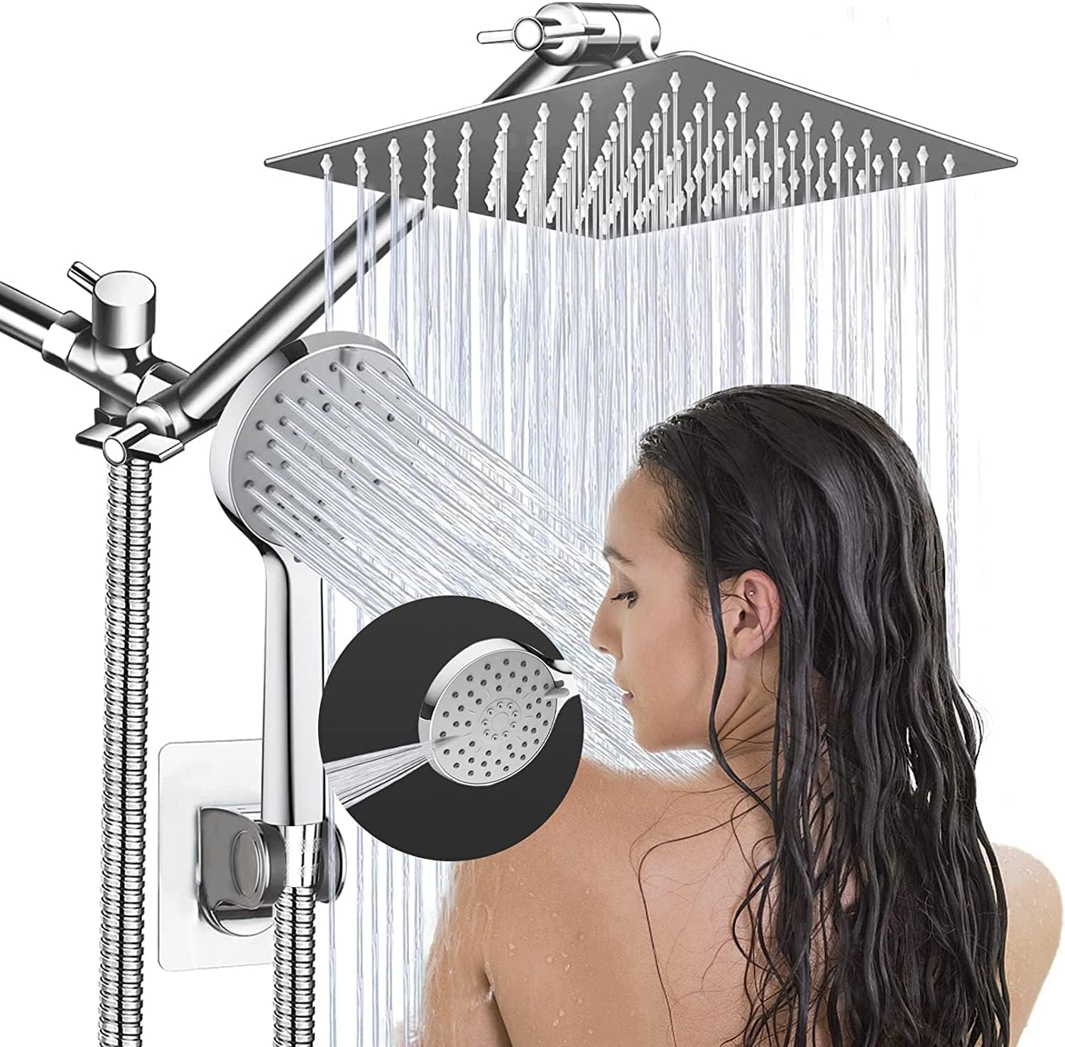 20 cm Rainfall Shower Head with Handheld Combo, High Pressure 5 Modes Spray, 28 cm Adjustable Extension Arm, Flow Regulator, Easy Clean Shower Head with Hose and Wall Bracket
