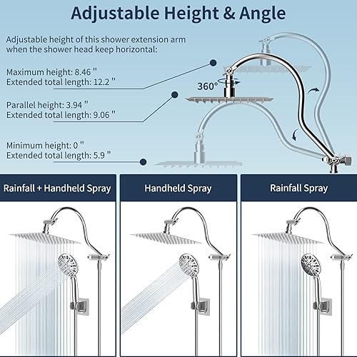 Miniatura 6 de Hibbent Cabezal de ducha cromado de 7 pulverizaciones de 8 pulgadas con brazo de extensión curvado ajustable de 12 pulgadas, combo de cabezal de