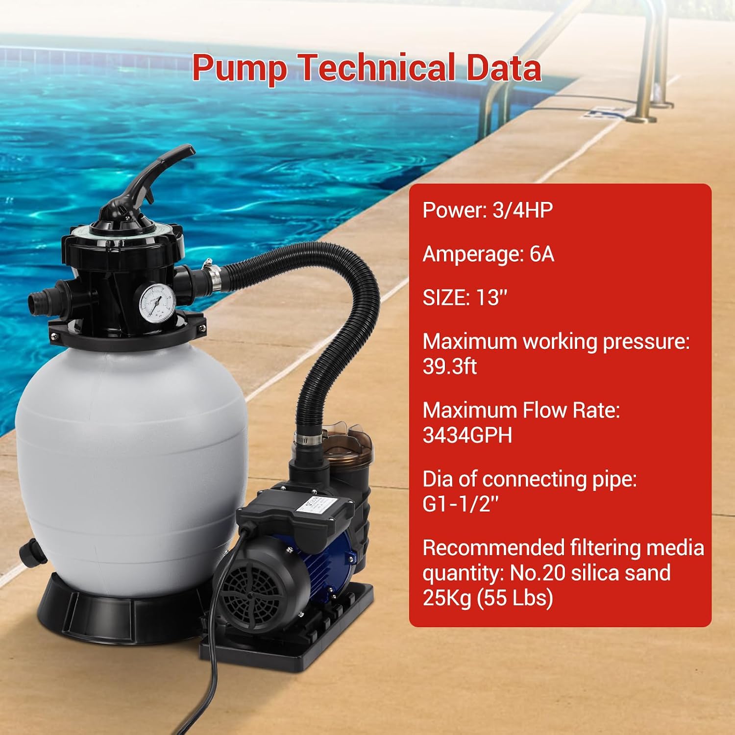 Sand Filter Pump for Above Ground Pool, 3434GPH 3/4HP Pool Pumps Above Ground Up to 8500 Gallons, Pool Sand Filter with 6-Way Valve, Efficient Filtration, Easy Setup, 13in