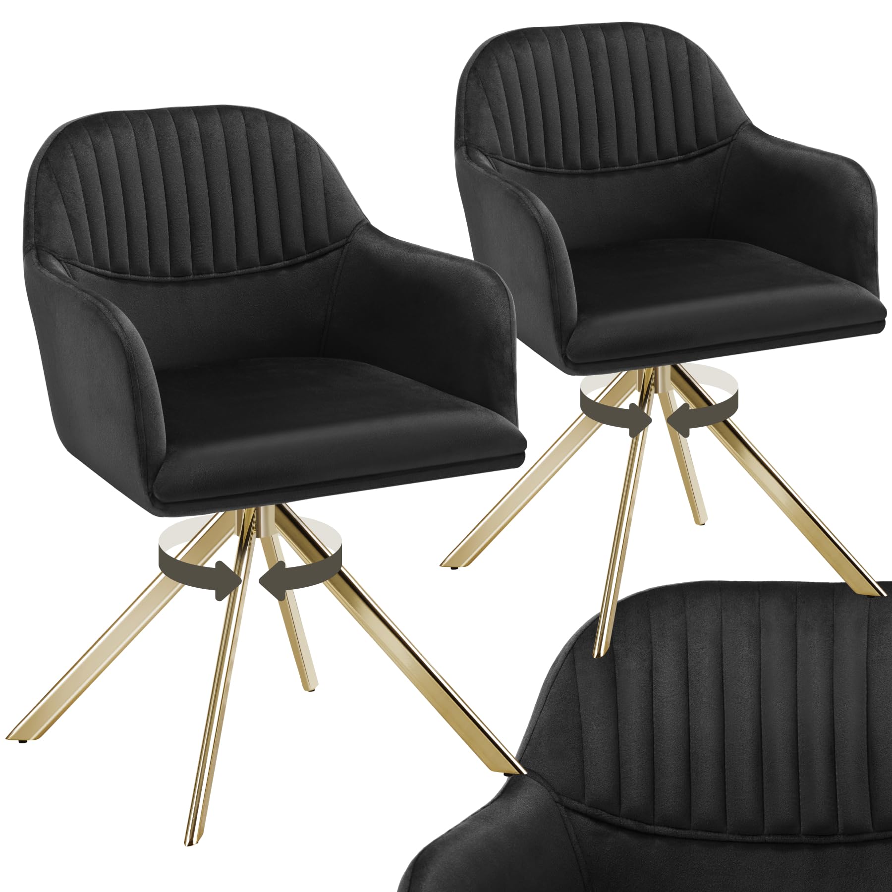 tectake® Set of 2 Velvet Dining Chairs with 360° Swivel Function, Thickly Padded Armchairs with Stable Steel Legs, Non-Slip Caps & Quick Assembly - Ideal Kitchen, Bedroom & Desk Chairs - Black/Gold