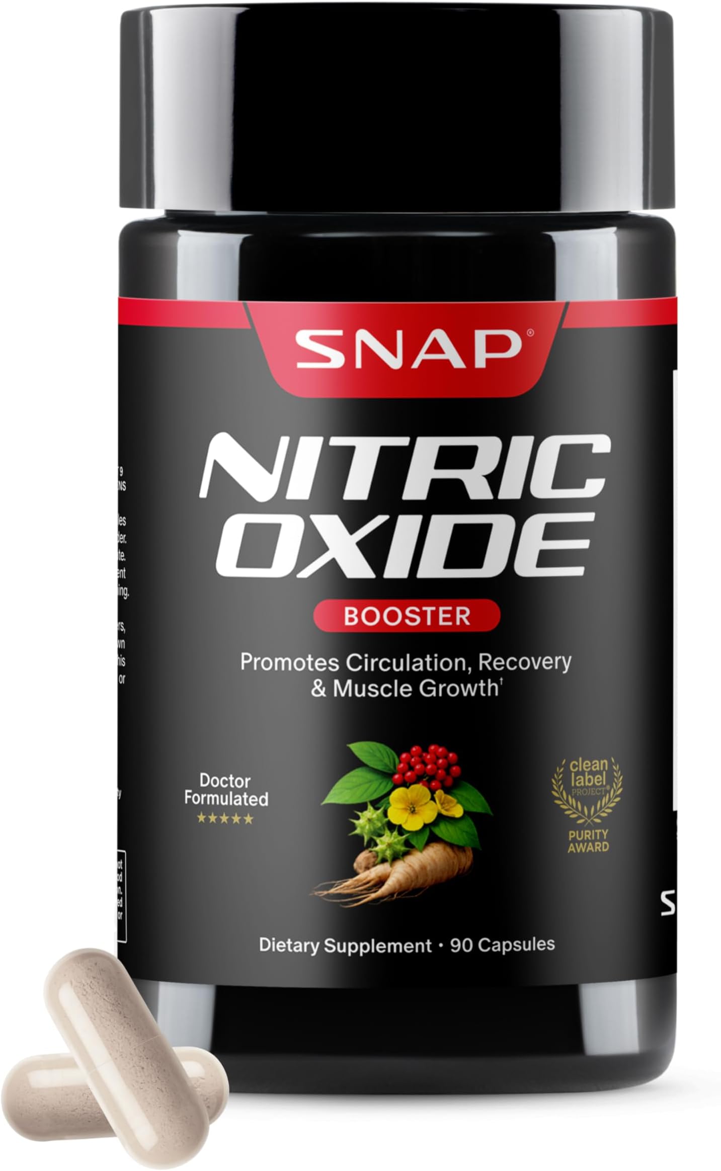 Snap Supplements Nitric Oxide Supplement - Pre Workout With L Arginine, L Citrulline, Taurine for Muscle Building, Strength & Endurance, Amino Energy, 90 Capsules