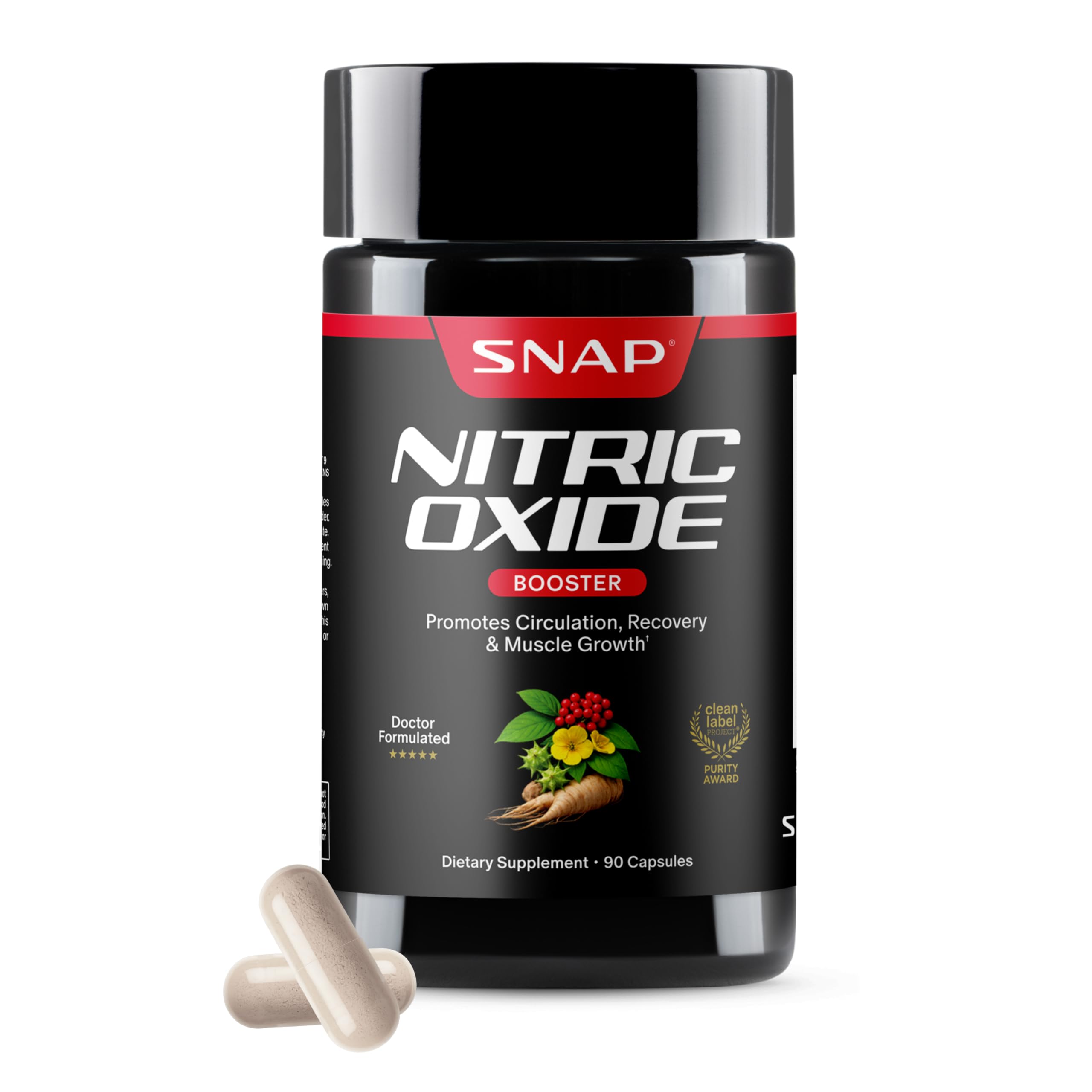 Snap Supplements Nitric Oxide Booster for Men & Women, L-Citrulline + 3 Forms of L-Arginine for Stamina, Endurance, Circulation, & Energy Support,* Caffeine-Free Pre-Workout Alternative, 90 Capsules