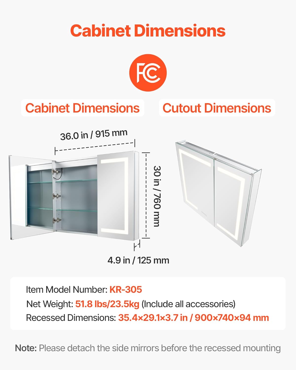 VEVOR Lighted Medicine Cabinet with Mirror, 36 x 30 in Recessed or Wall Mount, 3 Color Dimmable LED Bathroom Medicine Cabinet with HD Mirror, Clock, Adjustable Shelve Storage, Memory Defog Function