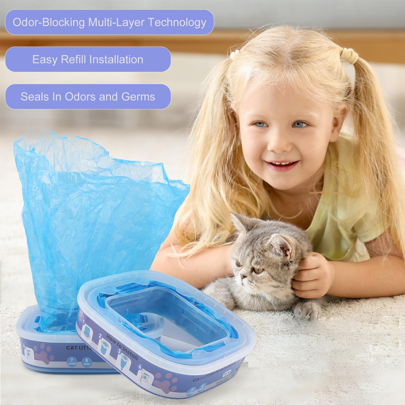 Recambios Cubos de Pañales，compatibles Litter Genie Standard, Plus,XL,Style,Bolsas de recambio para arena para gatos,Super control de olores，Azul （10 Piezas)