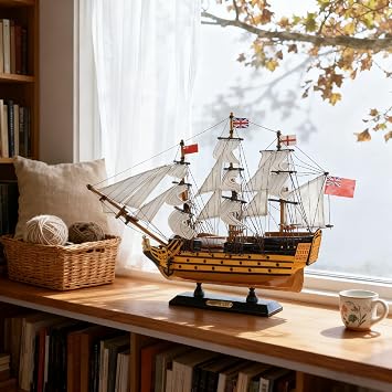 NAUTIMALL HMS Victory Model Ship, 15 inch Handcrafted Wooden Replica with Canvas Sails, Naval Warship Display Model (V40)