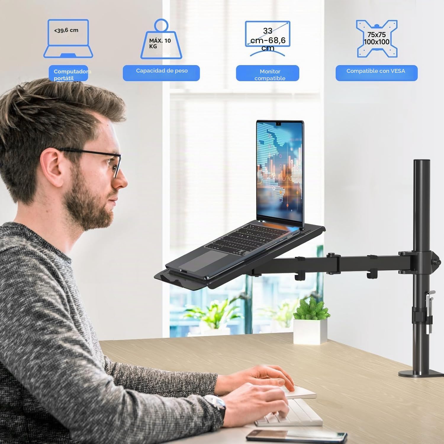 suptek Soporte 2 en 1 de Monitor y Portátil: Brazo Articulado para Pantallas 13-27" y Laptop hasta 15.6", Bandeja Ventilada, Carga 10kg, Altura Ajustable y Giro 360° (MD6421TP004)