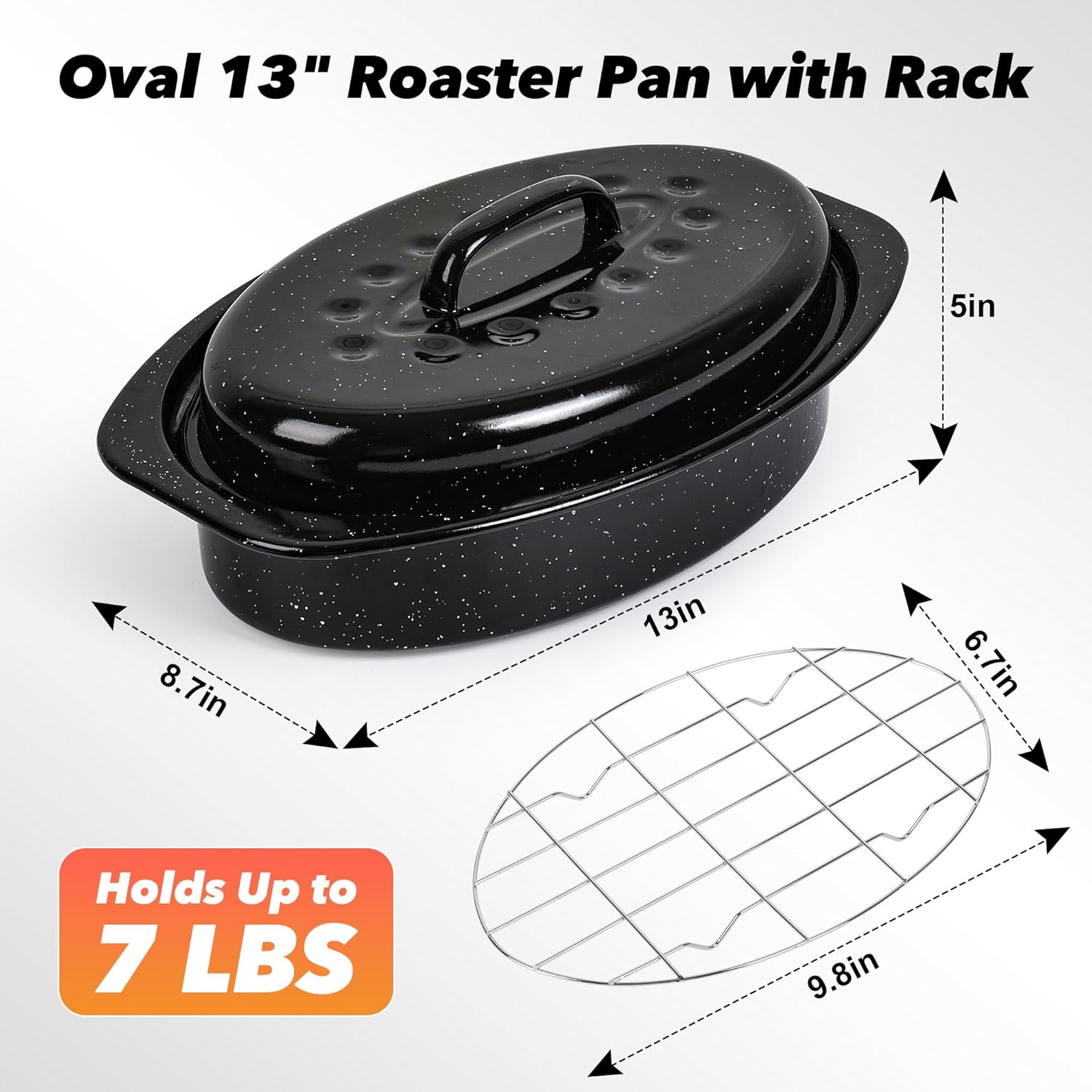 13” Roaster Pan with Lid and Rack, Small Enamel Roaster Pan with Oval Roasting Rack, Granite Baking Pot for Chicken Turkey Lamb, Heat Resistant, Oven/Dishwasher/All Stovestops Compatible - Image 2
