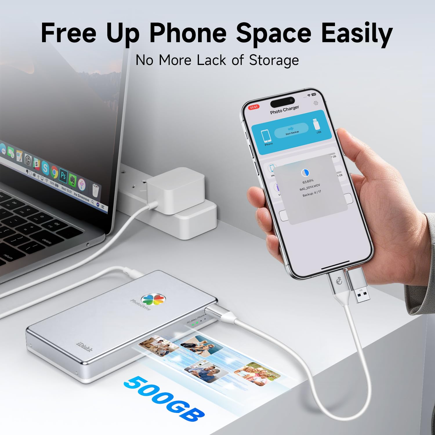 iDiskk Disco duro externo de 500 GB USB para teléfono, Mac y PC
