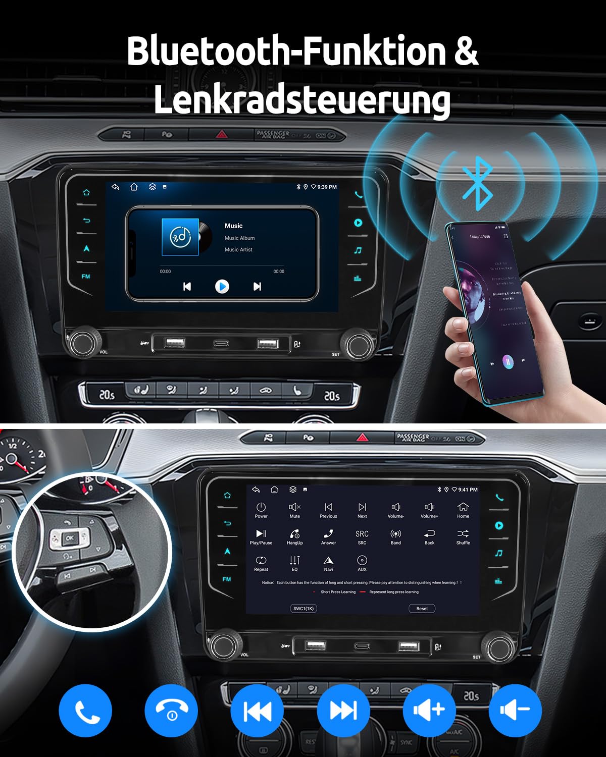 ESSGOO Android 15 4+64G 7 Zoll Wireless CarPlay Android Auto Für VW Golf