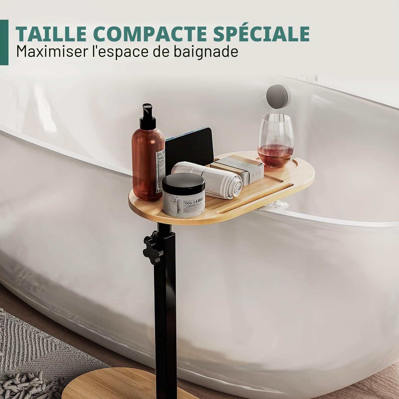 Yumkfoi Plateau de Baignoire en Bambou avec Hauteur réglable, Plateau autoportant pour Baignoire Contre Le Mur, Table d'appoint pour Baignoire de Luxe, Maison, Spa et Choix de Cadeau – Brevet protégé