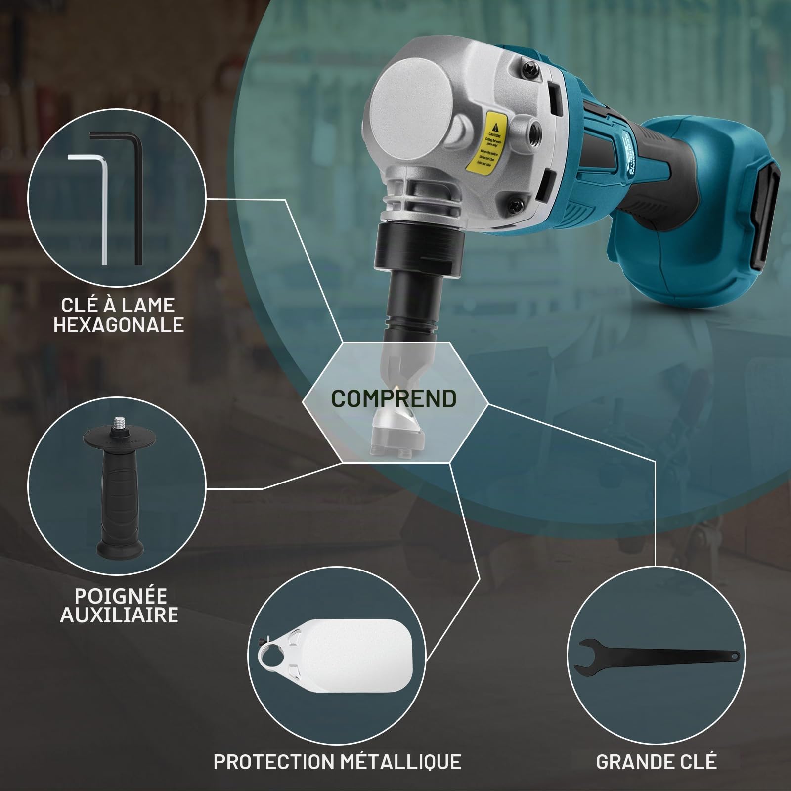 Grignoteuse Électrique de tôle Compatible Avec Batterie Makita 18V, 800W Grignoteuse De Métal Sans Fil moteur Sans Balais, 2200 TR/Min Max, Tête de Coupe orientable 360°, Outil de Découpe du Métal