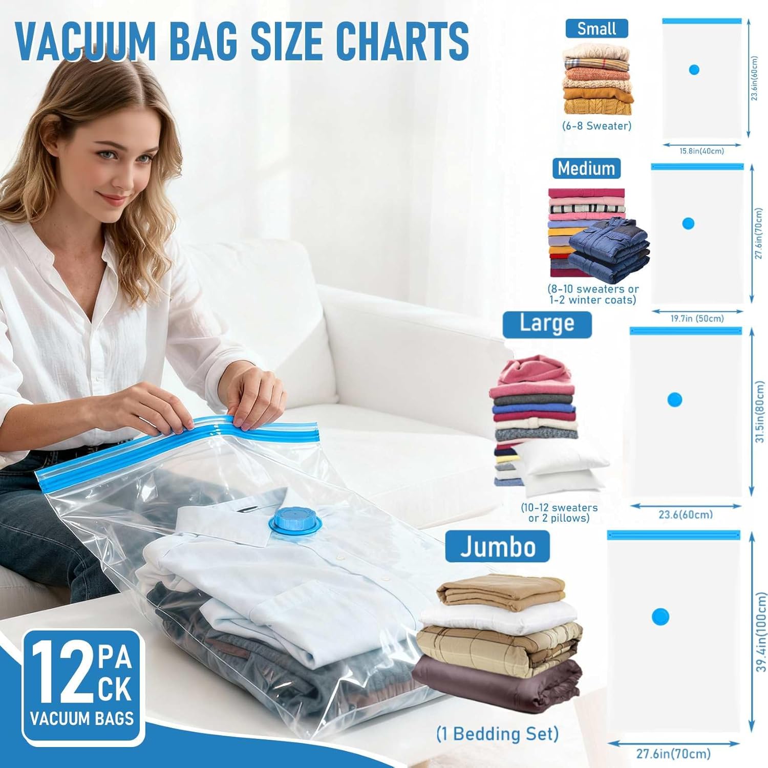 Vacuum Seal Bags for Clothing Travel with Rechargeable, Pack Extra Large Moving Bags