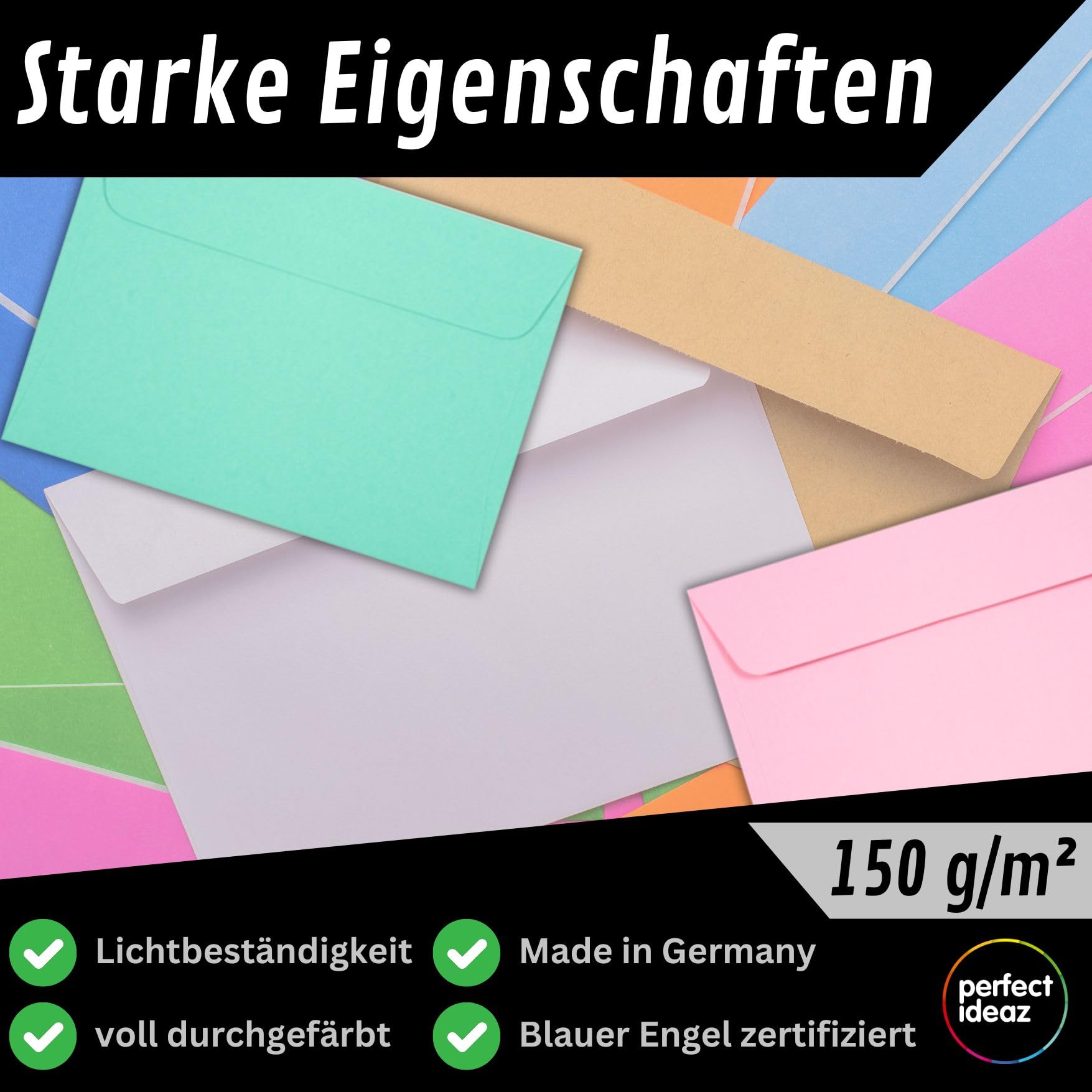 perfect ideaz - 50 kopert pastelowych DIN-C6 bez okienka, do DIN A6 z papieru z recyklingu, 5 kolorów, Made in Germany