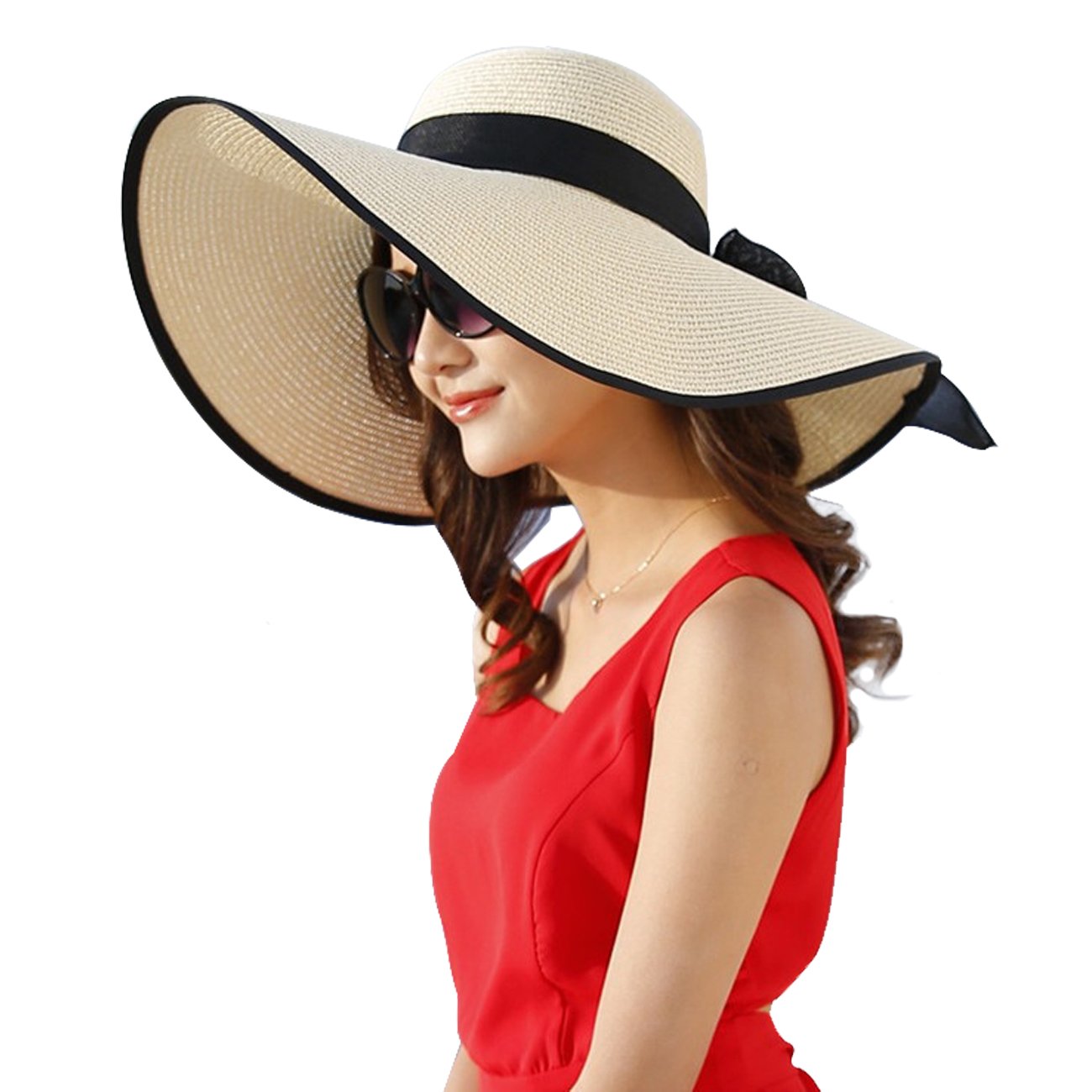DRESHOWSombrero Paja Mujer Plegable Verano Sombrero Verano Sombrero ala Ancha Mujer Sombrero de Playa Plegable UPF 50+