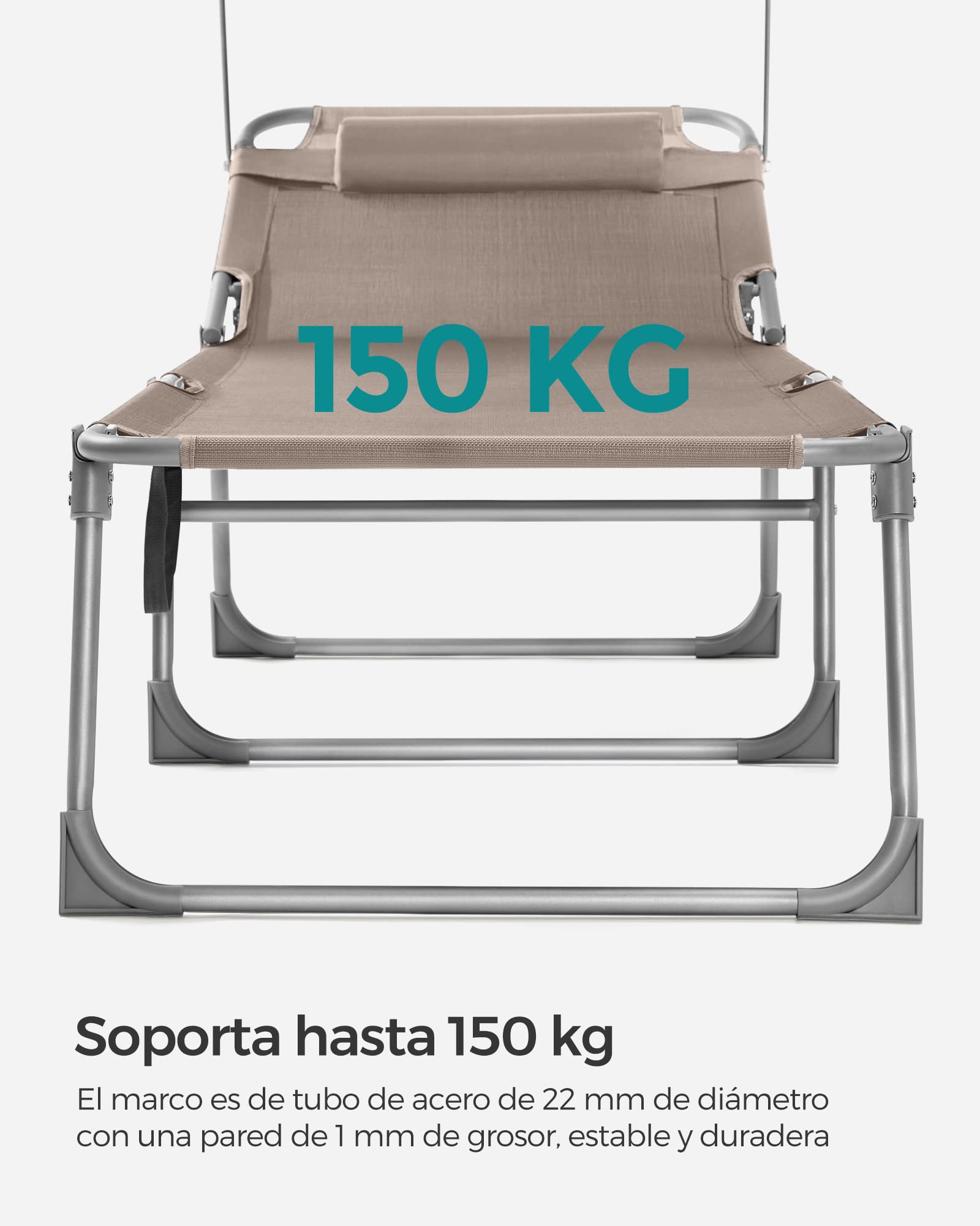 SONGMICS - Tumbona Plegable, Tumbona, 193 x 53 x 29 cm, Capacidad de Carga 150 kg, con Parasol y Respaldo reclinable, para jardín, Piscina, terraza, Color Topo GCB192K01